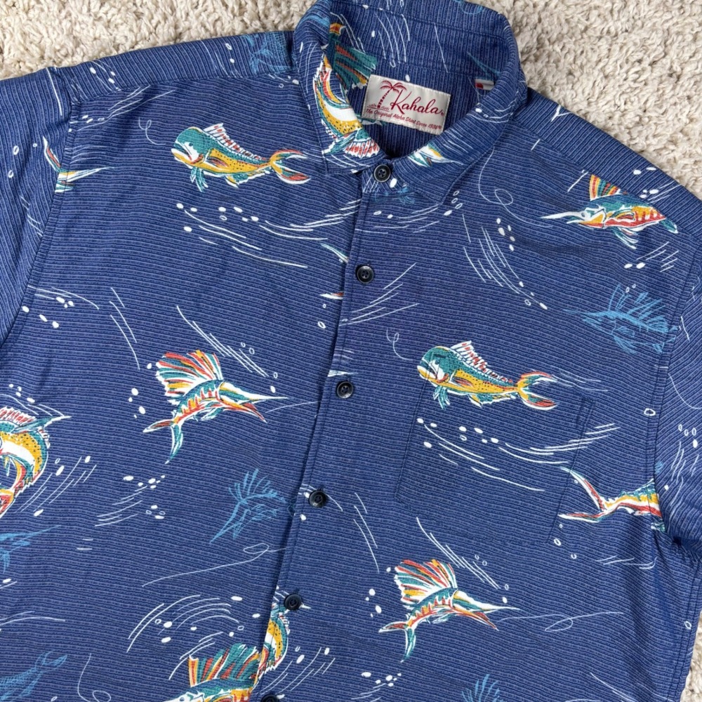 Kahala Hawaiian Shirt Mens L Blue Fish Marlin Mahi Polynosic Rayon Blend Aloha